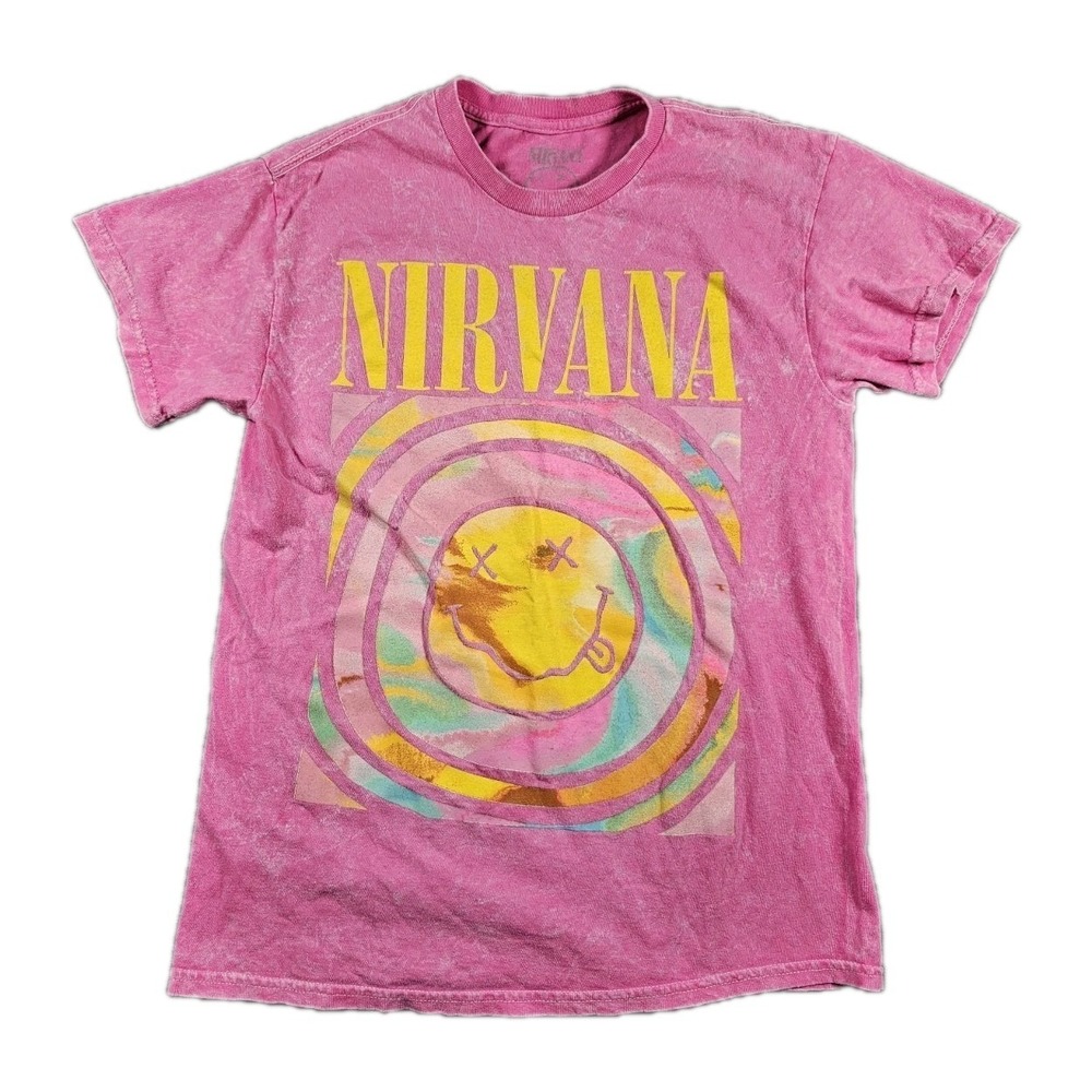 Nirvana Smiley Face Band T Shirt Pink Tie Dye Graphic Tee Womens Medium